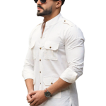 White Cotton Self Print Hunting Style Shirt - Buy Luxury Safari Wear | Jaipurio